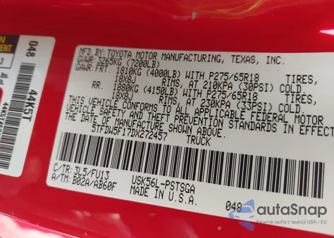 2013 Toyota Tundra Grade 5.7L V8 z USA, uszkodzony, nr VIN 5TFDW5F17DX272457